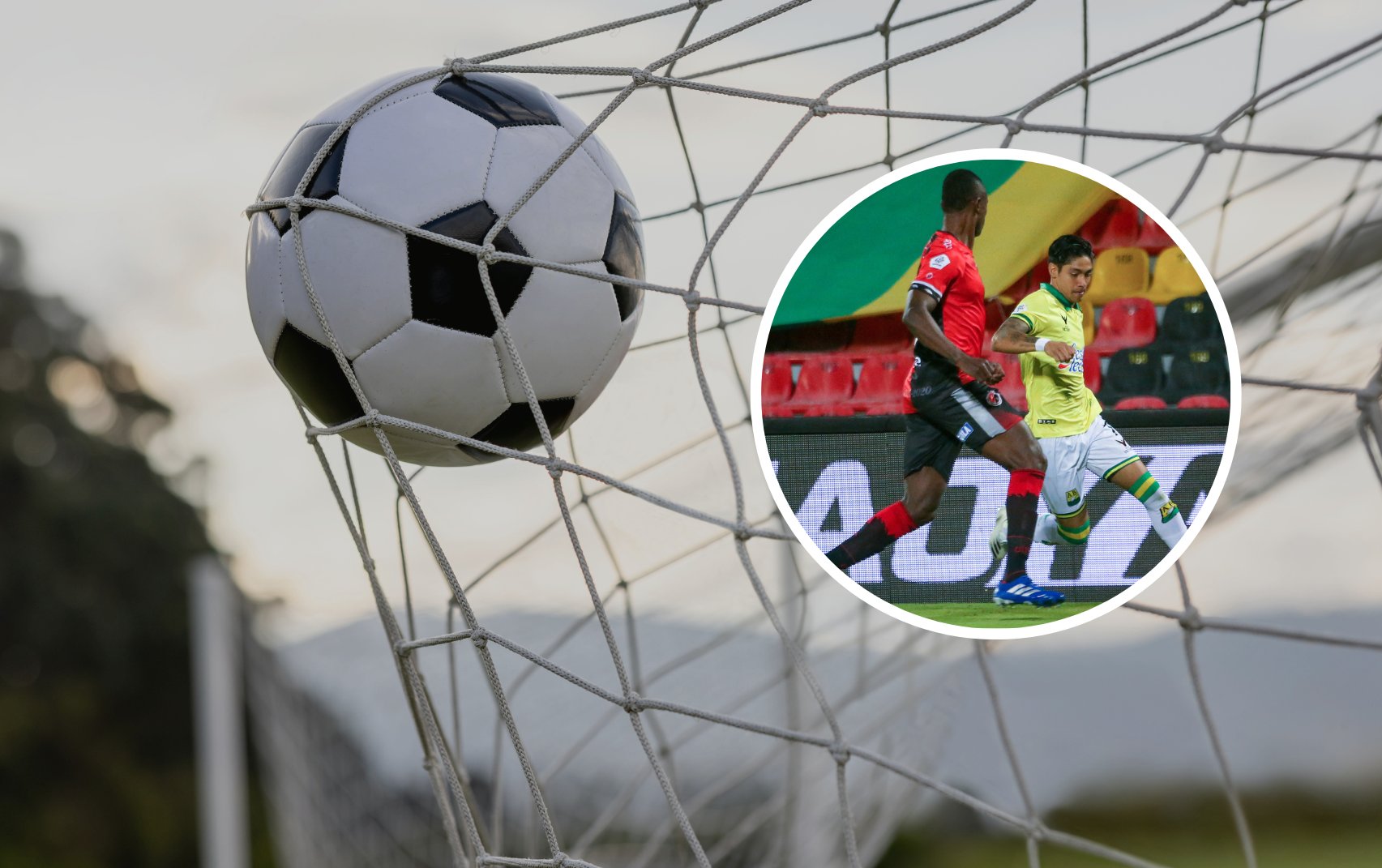 Balón de fútbol cayendo en la malla de la cancha y de fondo dos jugadores de fútbol, del deportivo Cali y el Bucaramanga (Fotos vía Getty Images y COLPRENSA)