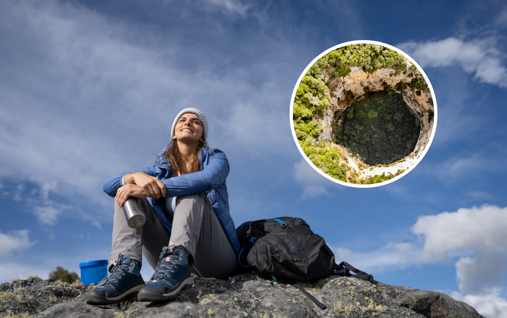Mujer contemplando un paisaje y de fondo el Hoyo del Aire ubicado en La Paz, Santander(Fotos vía Getty Images)