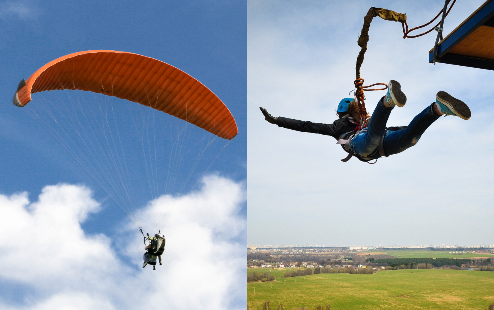 Persona lanzándose en Bungee y del otro lado una persona montando en parapente (Fotos vía Getty Images)