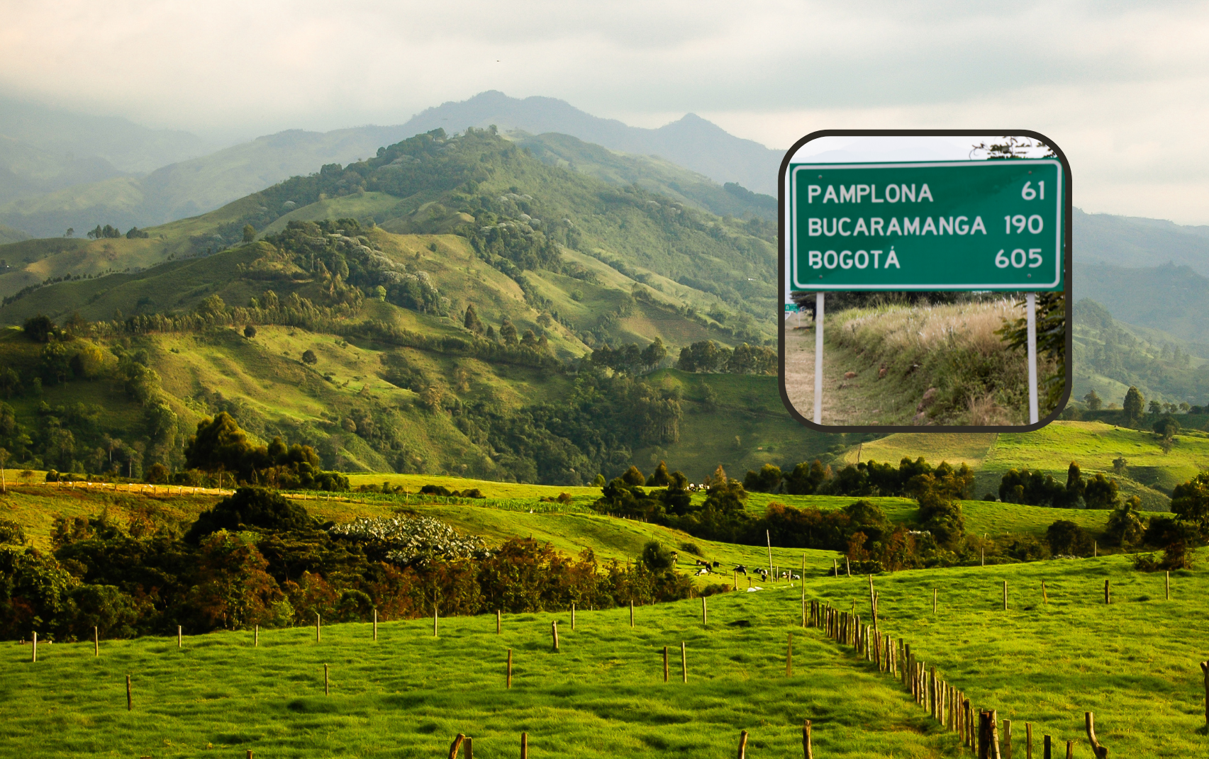 Vista montañosa de Colombia y de fondo un letrero desde el territorio de Norte de Santander (Fotos vía Getty Images)