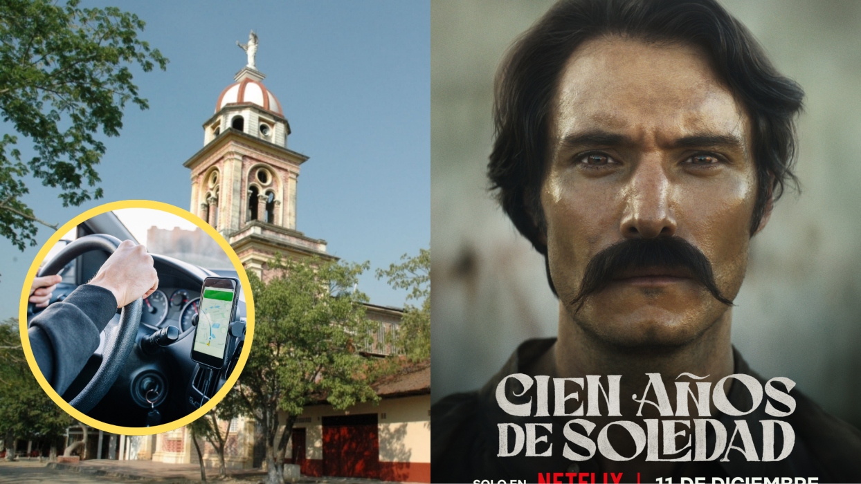 Iglesia en el Tolima de día con árbooles a los lados, imagen promocional de Cien Años de Soledad y al lado una imagen de referencia de un conductor con gps Foto: Getty Images y Netflix