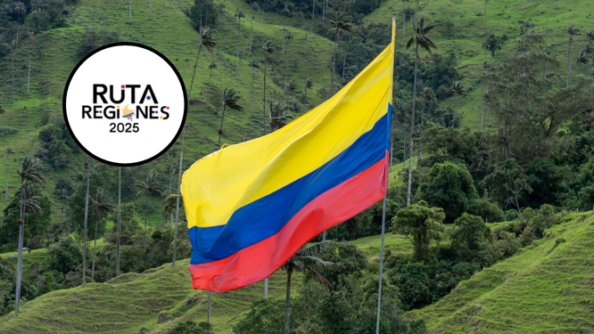 Paisaje colombiano con una bandera de Colombia y al lado el logo de Ruta Regiones 2025 - Fotos Getty Images