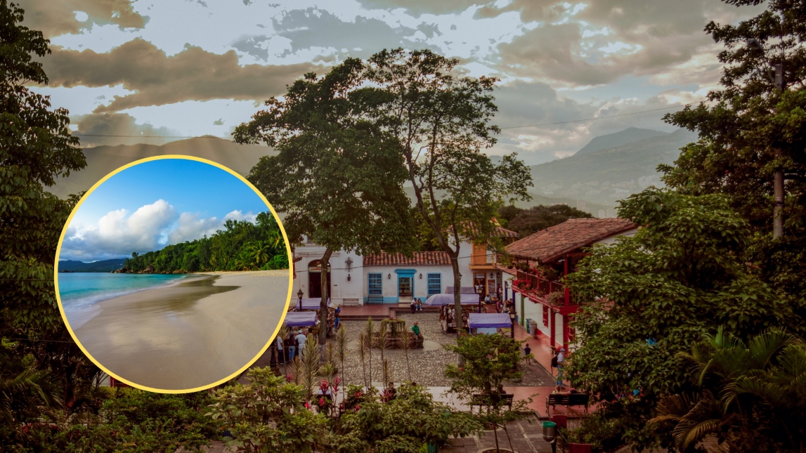 Pueblo de Antioquia y al lado una imagen de referencia a la playa Foto Getty Images
