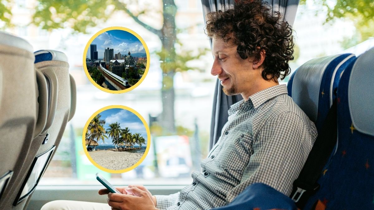 Pasajero en bus viajando mientras mira su celular, Medellín, Necoclí