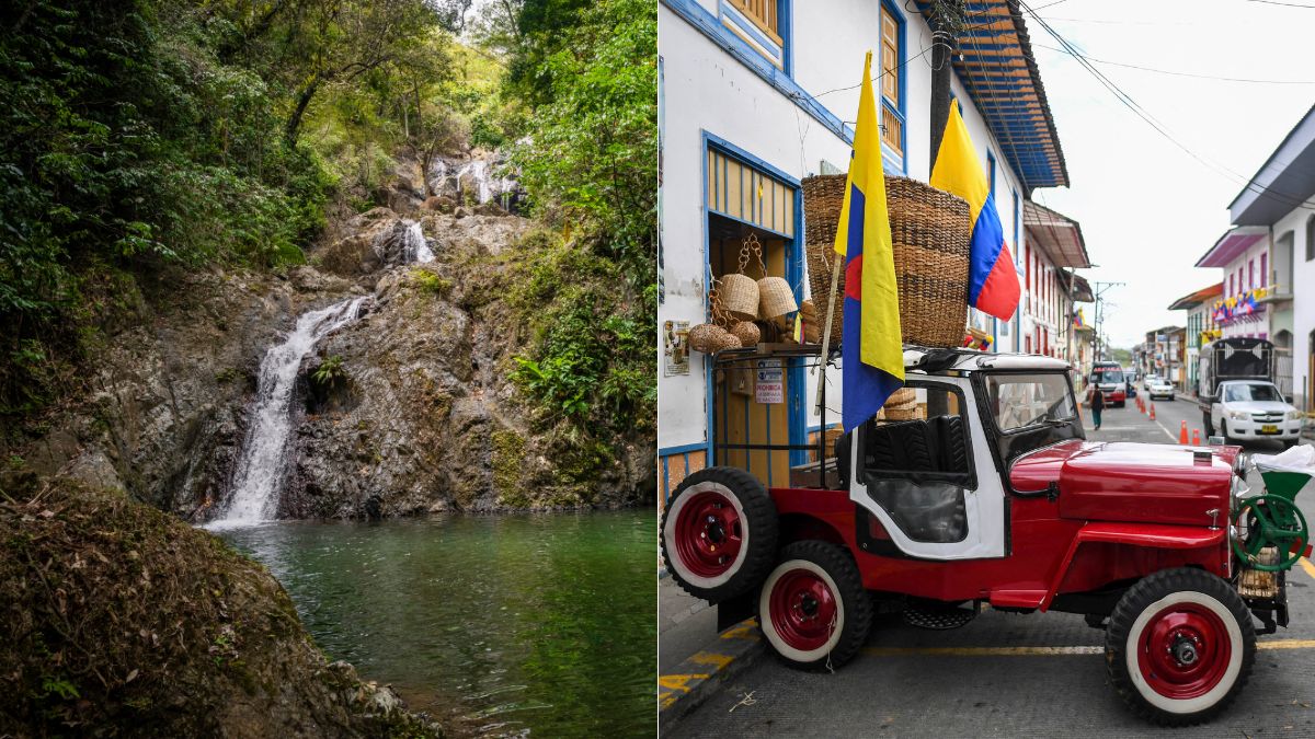 Paisaje quebrada rodeada de mucha naturaleza y Jeep representativo de Antioquia