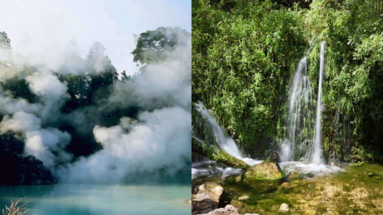 Termales naturales y cascada rodeada de naturaleza.