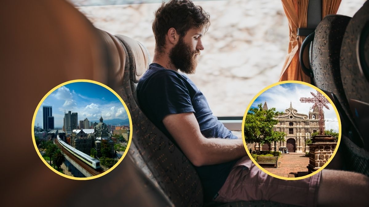 Hombre viajando mientras mira su celular, ciudad de Medellín y municipio de Santa Fe de Antioquia