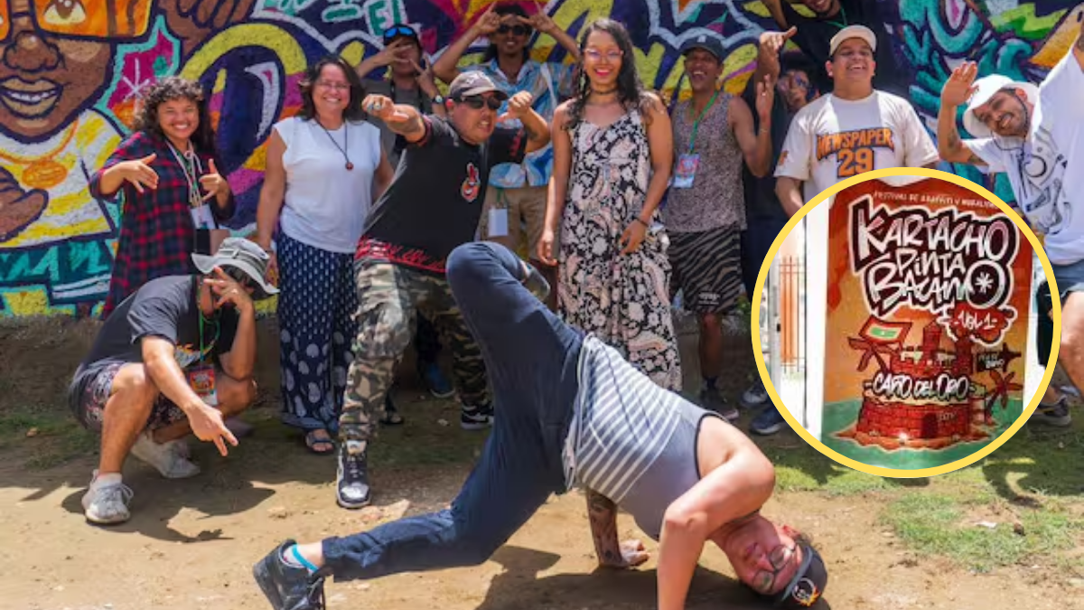 Participantes y volante de invitación de ‘Kartacho Pinta Bacano’ | Foto: Alcaldía de Cartagena e Instagram de NaciónGraffiti.