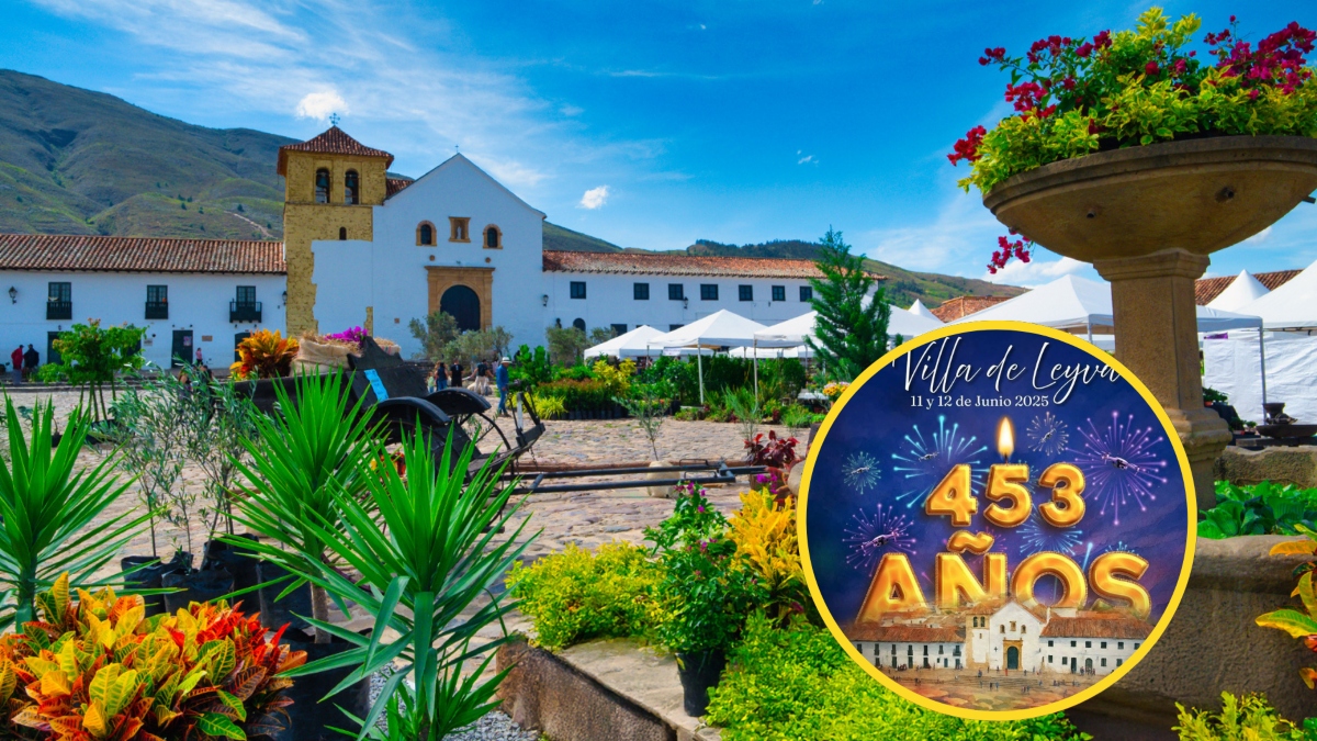 Plaza de Villa de Leyva y una imagen de publicidad del aniversario | Foto: Alcaldía de Villa de Leyva.