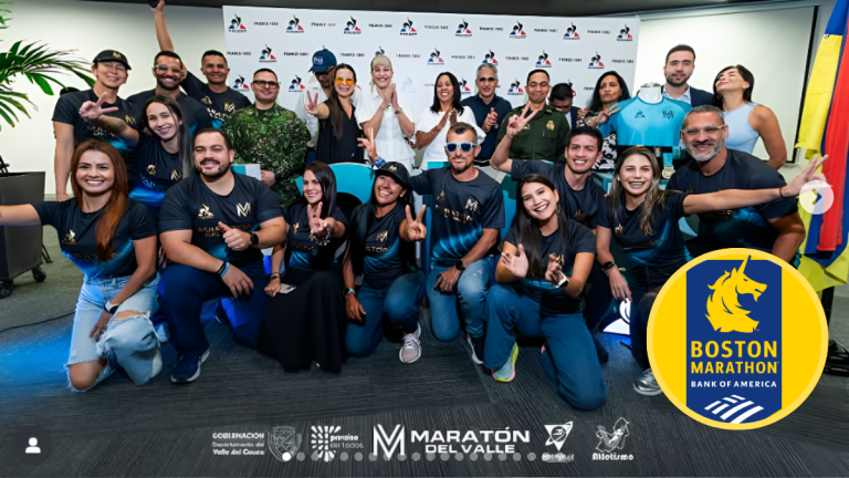 Presentadores del Maratón del Valle 2025 y el logo del Maratón de Boston | Fotos: Instagram Maratón del Valle y Maratón de Boston.