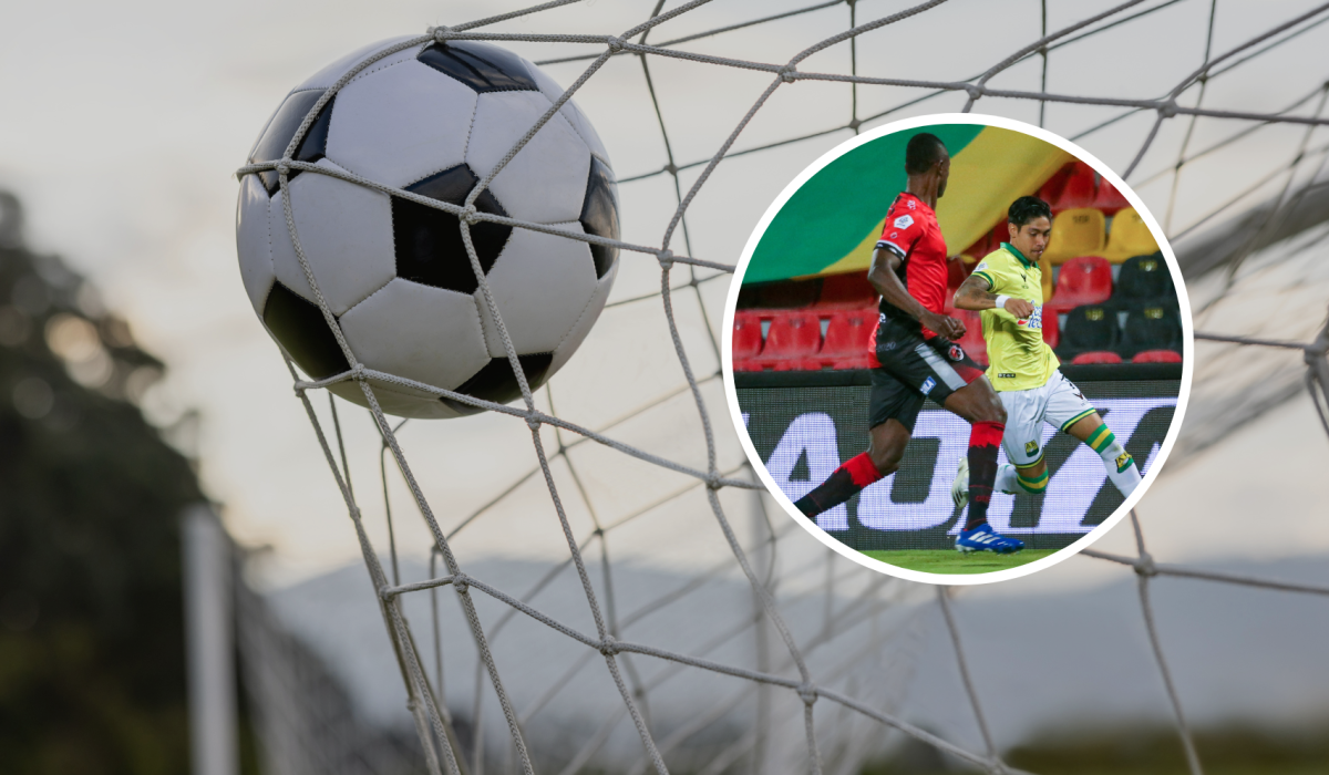 Balón de fútbol cayendo en la malla de la cancha y de fondo dos jugadores de fútbol, del deportivo Cali y el Bucaramanga (Fotos vía Getty Images y COLPRENSA)