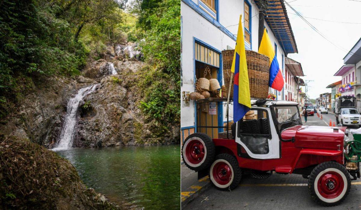 Paisaje quebrada rodeada de mucha naturaleza y Jeep representativo de Antioquia