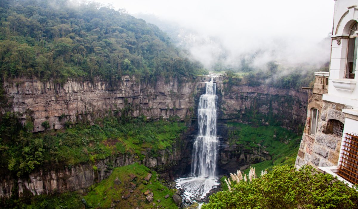 The famous Tequendama Falls located southwest of Bogotá in the municipality of Soacha and part of the facade of the historical Hotel del Salto built on 1928