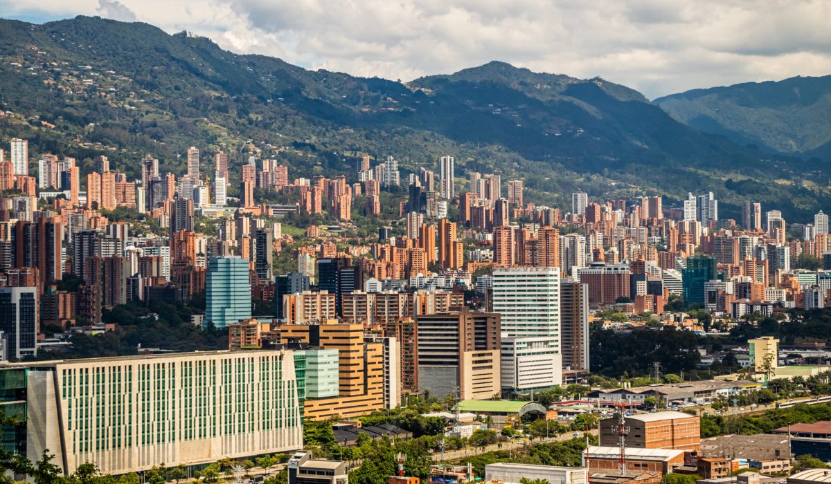 Aerial view of the Aburrá Valley and Medellín City with modern buildings at the baground