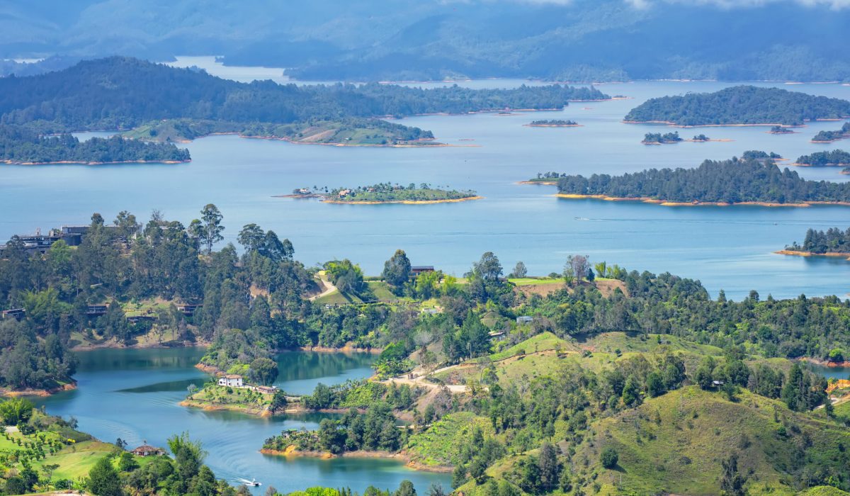 Landscape at The Peñol-Guatapé Reservoir, or also called the Guatapé Dam, or Guatapé Lake. View from top of La Piedra del Peñol.