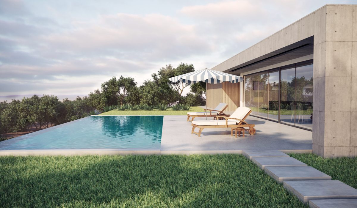 Modern designed exterior with infinity pool day scene at summer. (3d render)