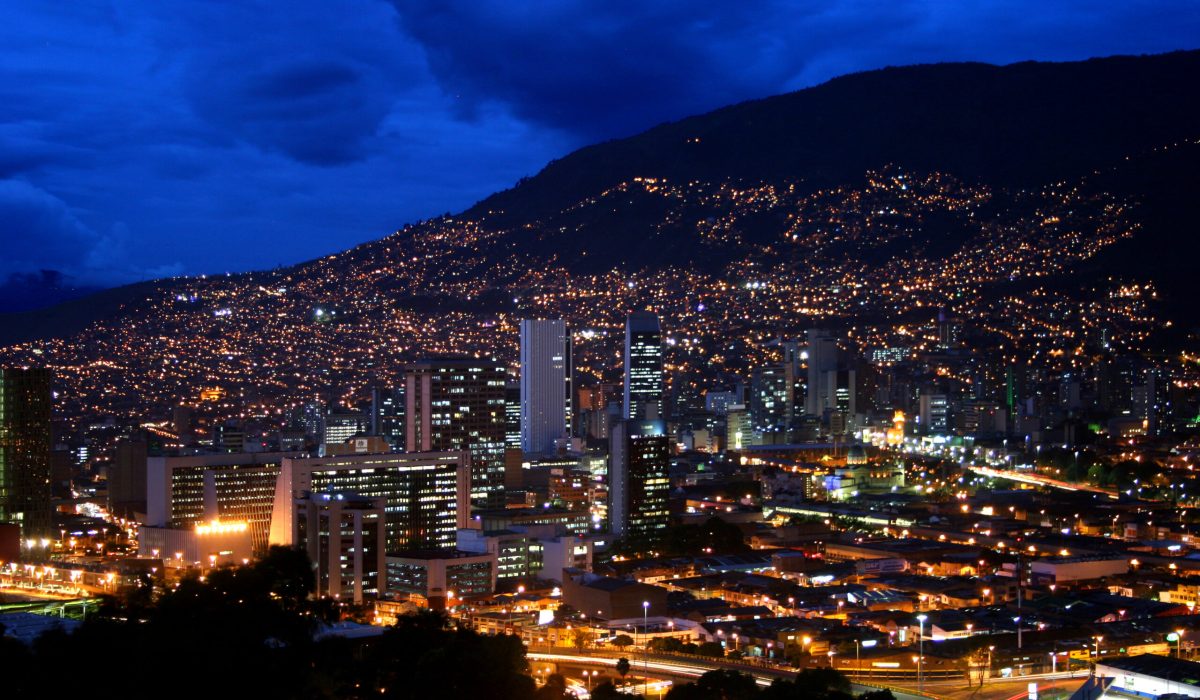 City of Medellin, view of the center at dusk from Nutibara hill.