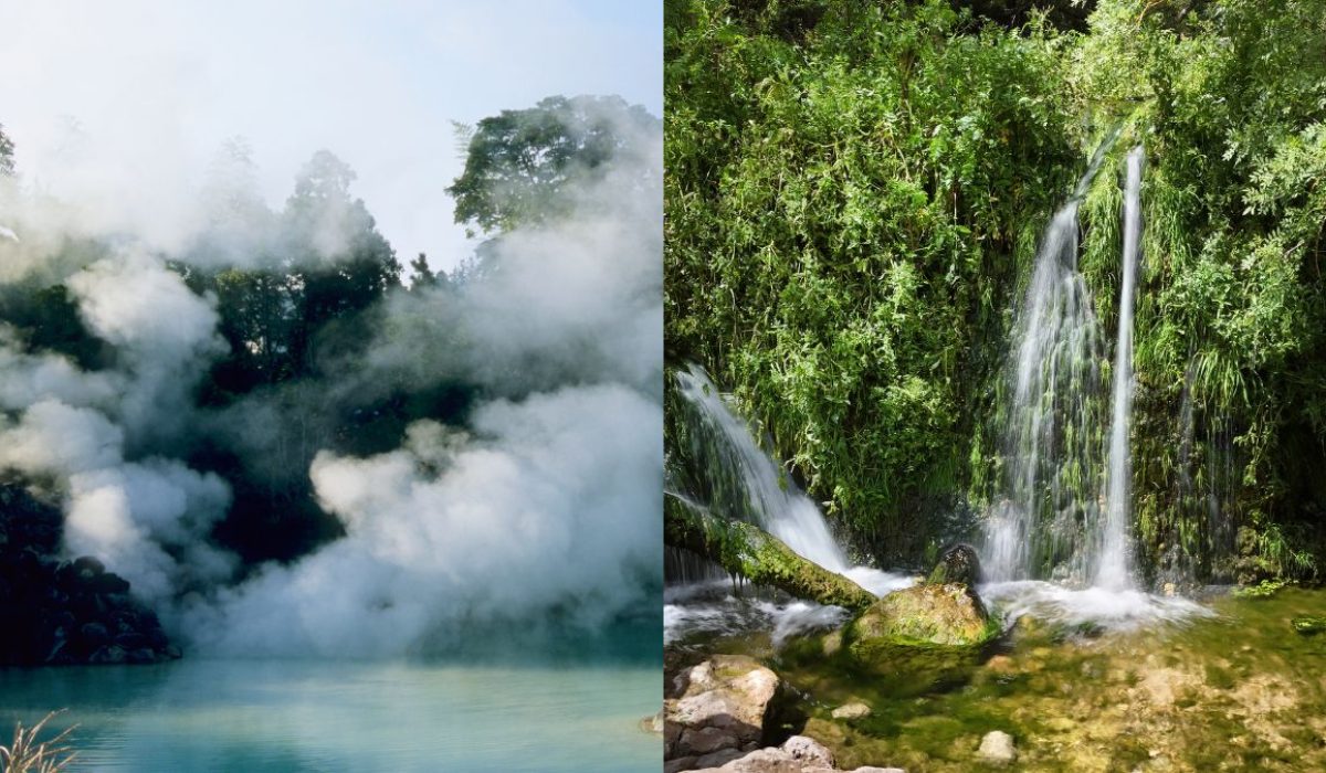 Termales naturales y cascada rodeada de naturaleza.