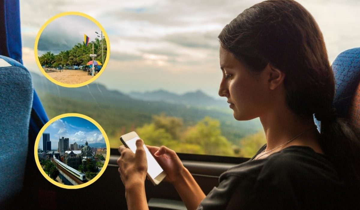 Mujer mirando su celular mientras viaja en un bus. Arboletes y Medellín