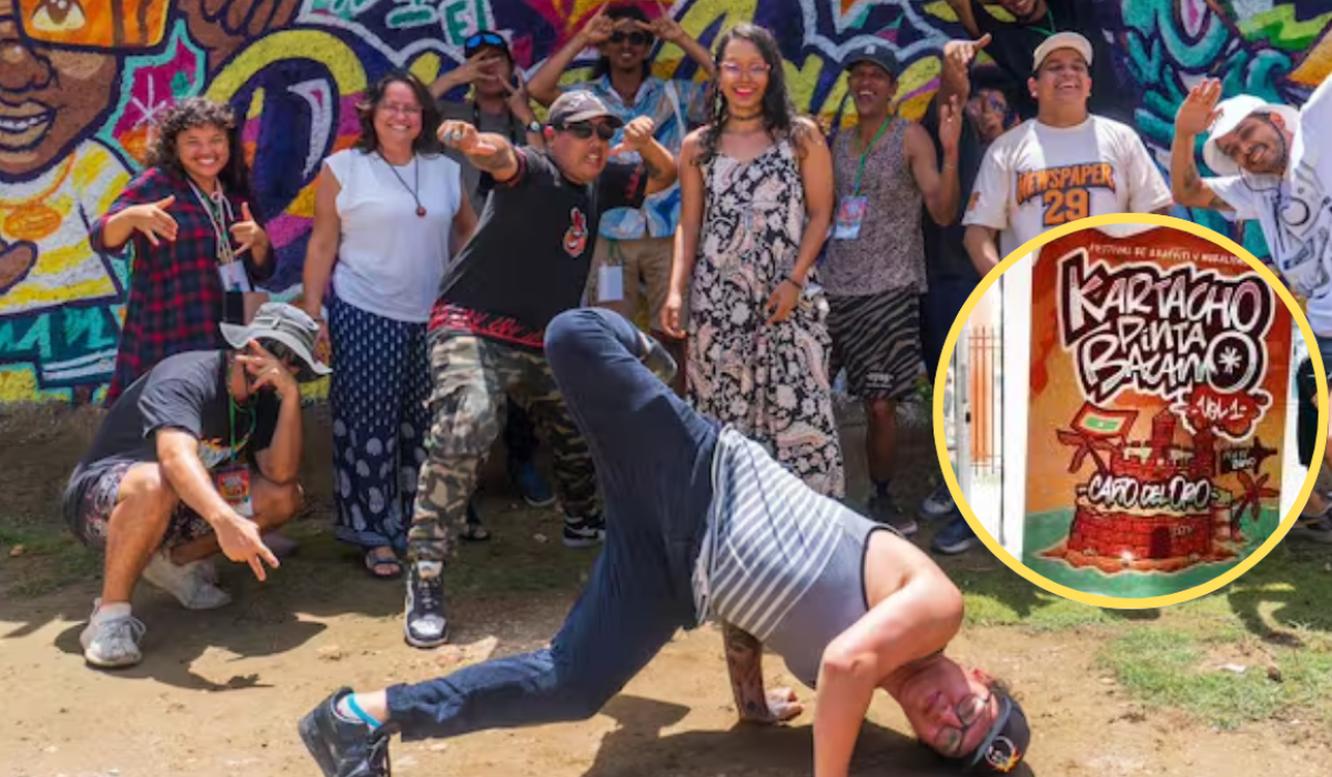 Participantes y volante de invitación de ‘Kartacho Pinta Bacano’ | Foto: Alcaldía de Cartagena e Instagram de NaciónGraffiti.