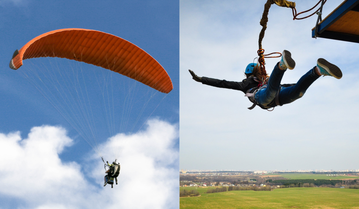 Persona lanzándose en Bungee y del otro lado una persona montando en parapente (Fotos vía Getty Images)