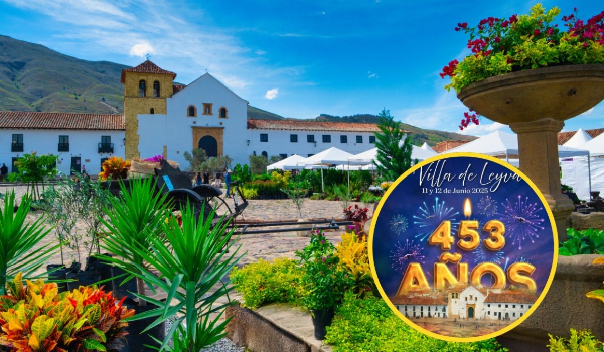 Plaza de Villa de Leyva y una imagen de publicidad del aniversario | Foto: Alcaldía de Villa de Leyva.