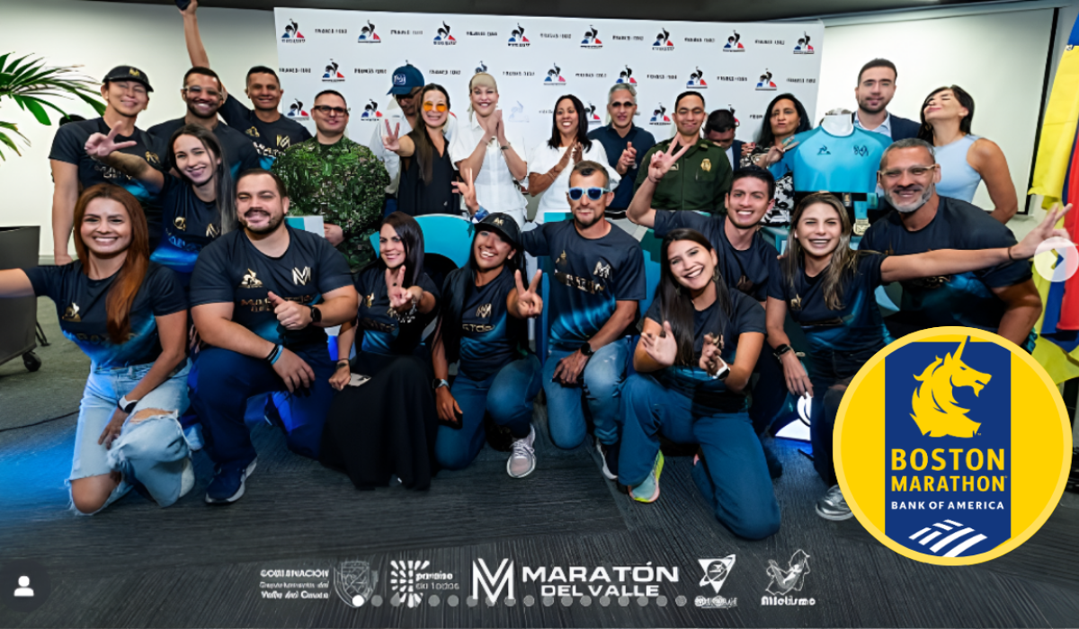 Presentadores del Maratón del Valle 2025 y el logo del Maratón de Boston | Fotos: Instagram Maratón del Valle y Maratón de Boston.