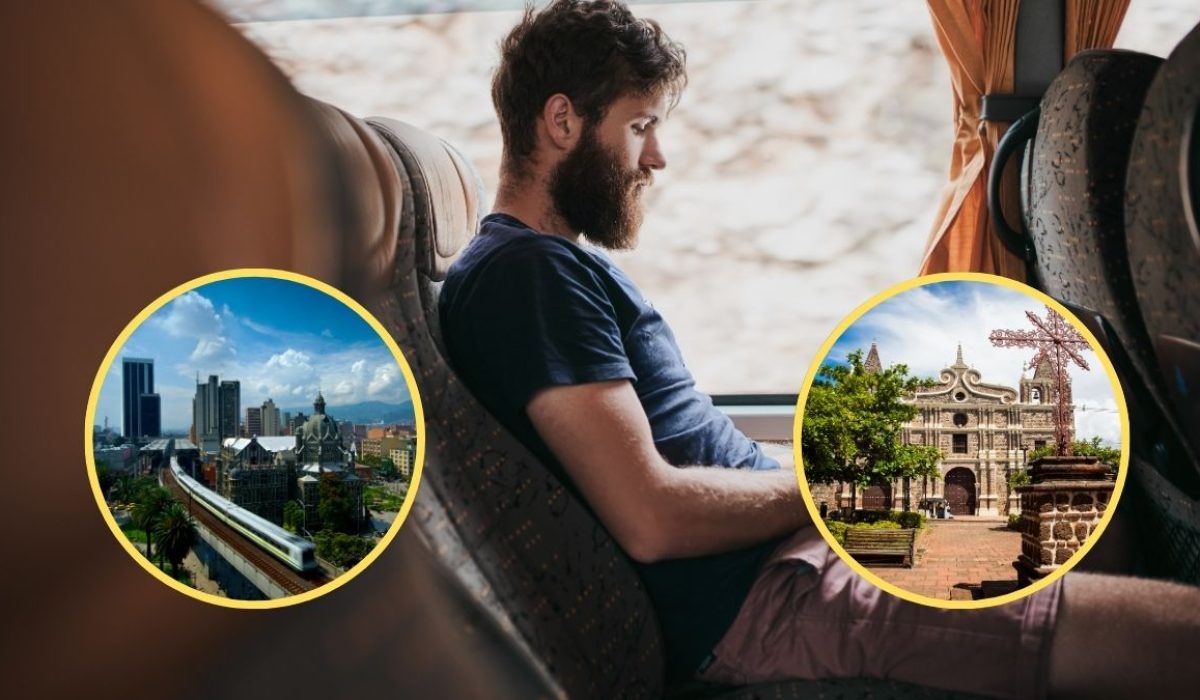 Hombre viajando mientras mira su celular, ciudad de Medellín y municipio de Santa Fe de Antioquia