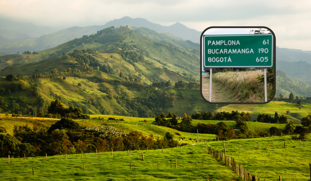 Vista montañosa de Colombia y de fondo un letrero desde el territorio de Norte de Santander (Fotos vía Getty Images)