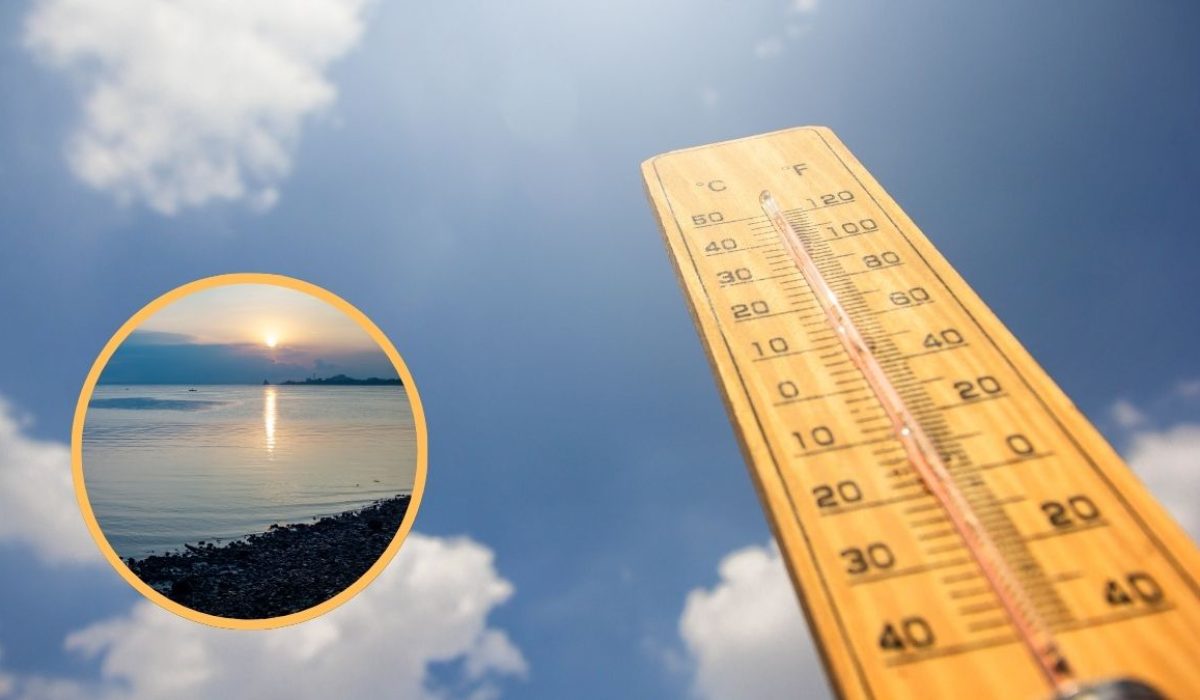termómetro con temperatura alta y playa de Tumaco, Nariño